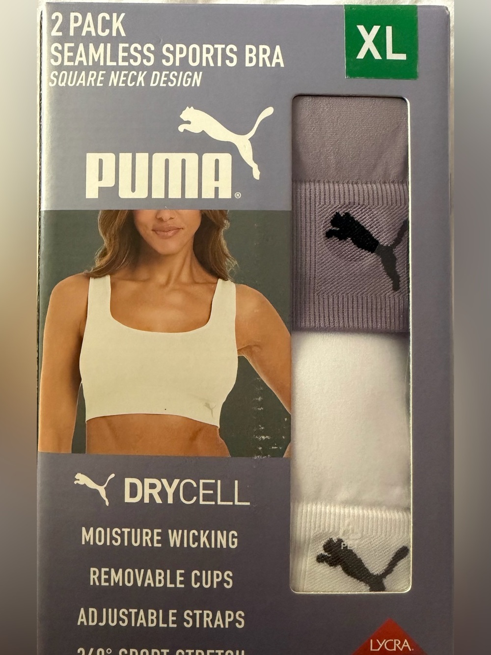 Puma 2-Pack Seamless Sports Bras in White & Light Purple - XL